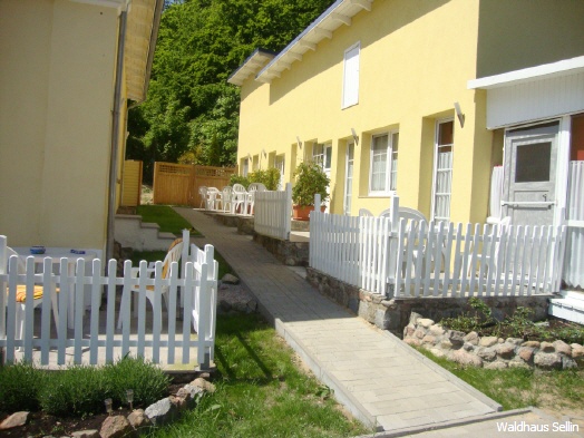 Garten des Waldhauses mit grünen Bäumen und Sitzmöglichkeiten
